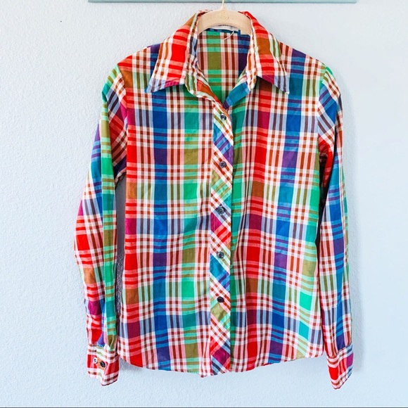 Vintage 1980’s Bright Plaid Button Up Shirt Sz Sm - Picture 1 of 5